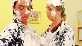 Two sexy, kinky lesbian babes get messy with cake iciing